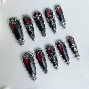 Gothic Wine Red Press On Nails Silver Cross Chrome Fake Nail 4