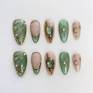 Green cat eye 3D gold chrome butterfly star moon press on nails fake nails summer