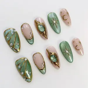 Green Cat Eye Press On Nails 3D Gold Chrome Butte 3