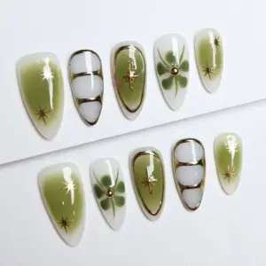 Green Gradient Press On Nails Star Floral Y2K Fake Nails 1