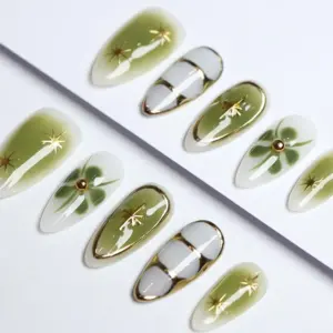 Green gradient star floral Y2K hand-painted press on nails fake nails