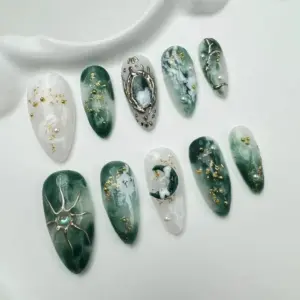 Green Marble Press On Nails Gold Flake Glitter Nails 1 1