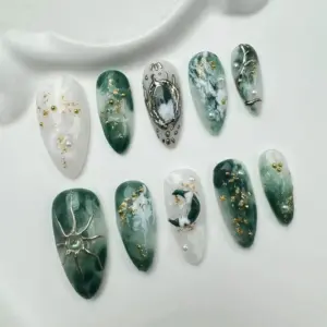 Green Marble Press On Nails Gold Flake Glitter Nails 1