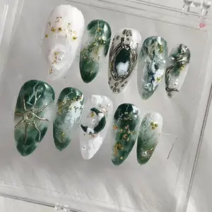 Green Marble Press On Nails Gold Flake Glitter Nails 1 4