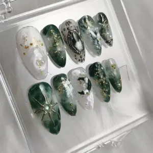 Green Marble Press On Nails Gold Flake Glitter Nails 1 5