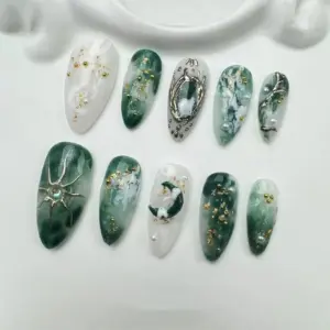 Green marble gold flake glitter handmade press on nails fake nails long almond
