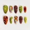 Green plaid 3D gold chrome swirl press on nails fake nails spring long almond