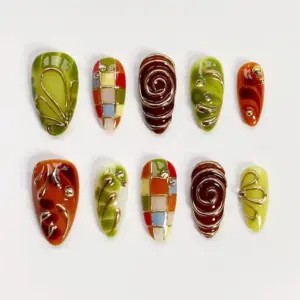Green plaid 3D gold chrome swirl press on nails fake nails spring long almond