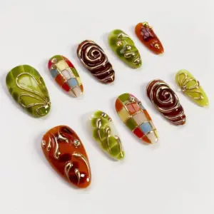 Green Plaid Press On Nails 3D Gold Chrome Swirl Nails 5