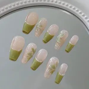 Green Tea French Press On Nails Floral Spring Fake Nails 1