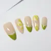 Green tea french tip floral spring press on nails fake nails