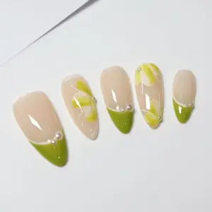 Green tea french tip floral spring press on nails fake nails