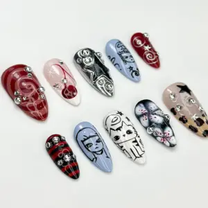 Grunge Y2K Press On Nails Gothic Cherry Star Fake Nails 1 3