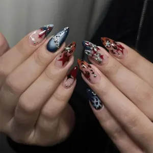 Grunge Y2K Press On Nails Star Leopard Safety Pin Fake Nails 2