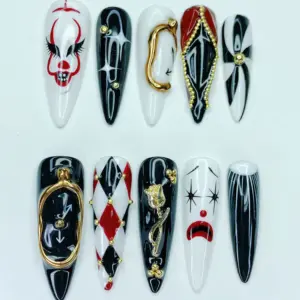 Halloween clown gothic press on nails with joker face red black white and 3D gold charms