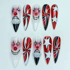 Halloween clown press on nails red black white with star eyes pearl collar and rhinestone details