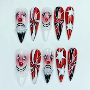 Halloween Clown Press On Nails Red Star Gothic Fake Nails 4
