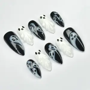 Halloween Ghost Press On Nails Spooky Black White Fake 1