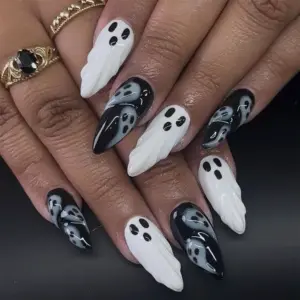 Halloween Ghost Press On Nails Spooky Black White Fake 3