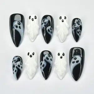 Halloween Ghost Press On Nails black and white spooky design