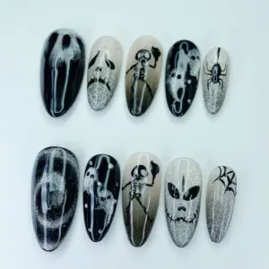 Halloween ghost skeleton press on nails with spooky black silver glitter jack-o-lantern and spider art