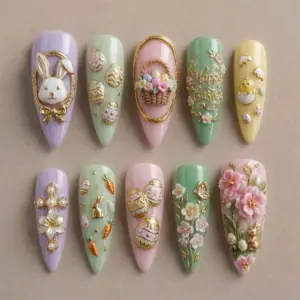 Elegant Easter press on nails with 3D bunny in gold frame, flower basket, Happy Easter script, gold egg charms, pearl cross, cherry blossoms and baby chicks on pastel lilac mint green pink and yellow bases