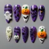 Happy Halloween Press On Nails purple 3D pumpkin ghost spider web bat design