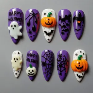 Happy Halloween Press On Nails purple 3D pumpkin ghost spider web bat design