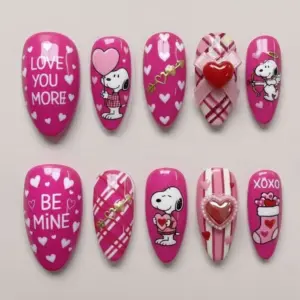 Hot pink Valentine's Day press on nails with cartoon dog, hearts, XOXO, cupid arrow, 3D bow and pearl heart gem details