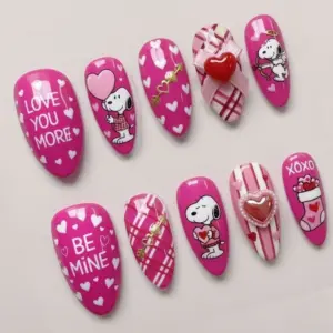 Hot Pink Cartoon Heart Press On Nails Valentine Fake Nails 2