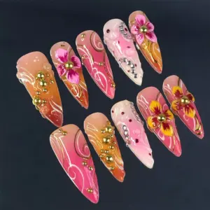 Hot Pink Floral Press On Nails 3D Flower Gold Swirl Summer Fake Nails 1