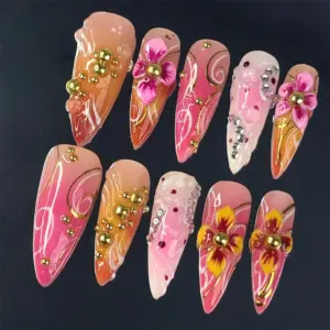 Hot Pink Floral Press On Nails 3D Flower Gold Swirl Summer Fake Nails 3