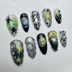 Japanese 3D gold chrome brown star sparkle handmade press on nails fake nails