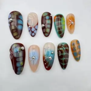 Japanese cat eye 3D gold chrome handmade press on nails fake nails long almond fall