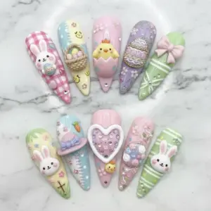 Kawaii Easter press on nails with 3D bunnies, hatching chick, woven egg basket, heart shaker, bow and gingham in pastel pink lilac green blue and yellow Title: Kawaii Easter 3D Press On Nails | Bunny Chick Bow Fake Nails