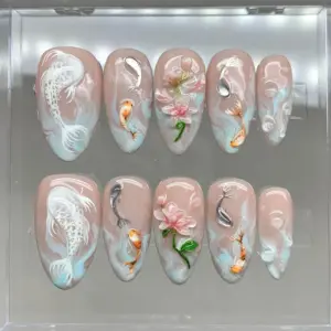 Koi pond floral zen garden press on nails fake nails blossoming serene