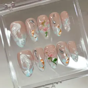 Koi Pond Press On Nails Floral Zen Garden Fake Nail 1
