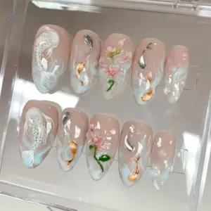 Koi Pond Press On Nails Floral Zen Garden Fake Nail 3