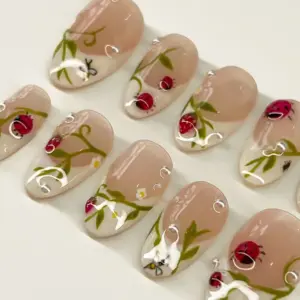 Ladybug Nude Press On Nails Hand Painted Garden Spring Fake Nails 1