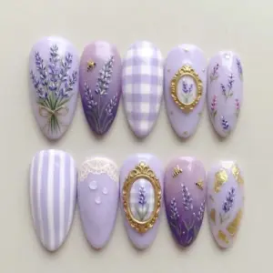 Lavender press on nails with hand-painted bouquet, gold baroque frame charm, gingham, lace detail, honeybee and gold foil in lilac and purple for spring