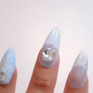 Light Blue Pearl Press On Nails 3D Glitter Fake Nails 1