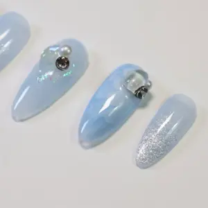Light Blue Pearl Press On Nails 3D Glitter Fake Nails 2