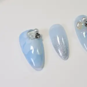 Light Blue Pearl Press On Nails 3D Glitter Fake Nails 3