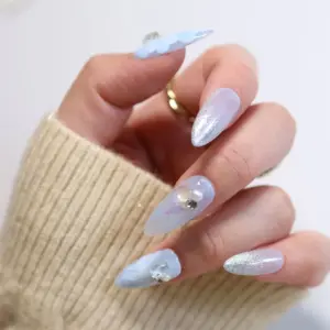 Light Blue Pearl Press On Nails 3D Glitter Fake Nails 4
