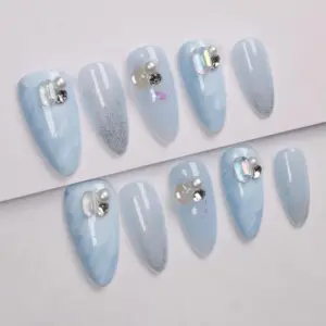 Light blue pearl 3D glitter press on nails fake nails accent