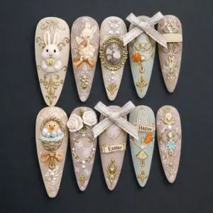 Luxury vintage Easter press on nails with 3D bunnies, gold filigree, ribbon bows, roses and chick basket on champagne and sage bases