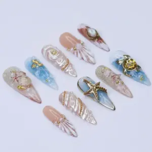 Luxury Ocean Press On Nails 3D Seahorse Star 1