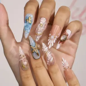 Luxury Ocean Press On Nails 3D Seahorse Star 5