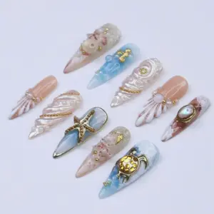 Luxury Ocean Press On Nails 3D Seahorse Star 6