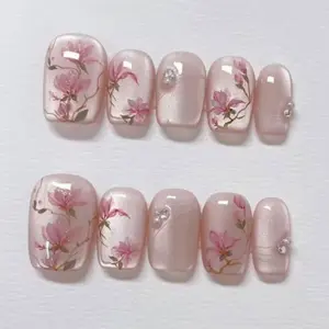 Magnolia bloom shimmer floral press on nails pink rhinestone fake nails
